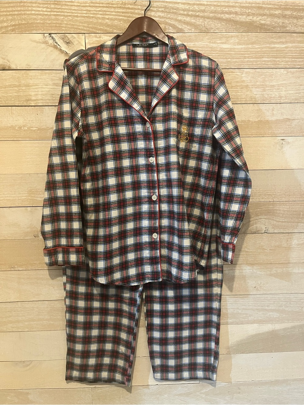 Lauren Ralph Lauren Women's Red and White Plaid Pajama Set Classic Button Up Med